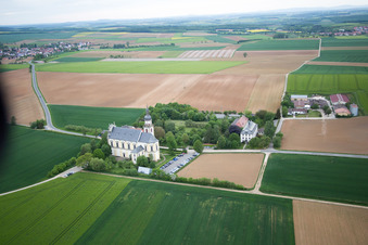 Oblique view of Ferry bridge, pilgrimage church in Hausen bei Würzburg in the state Bavaria, Germany