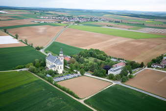 Ferry bridge, pilgrimage church in Hausen bei Würzburg in the state Bavaria, Germany seen from above