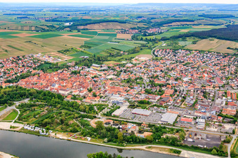 City view on the Main from the west in Volkach in the state Bavaria, Germany