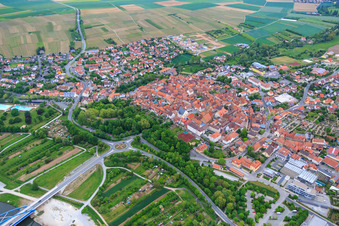Aerial view of Old town from the southwest in Volkach in the state Bavaria, Germany