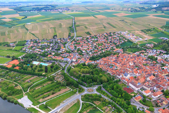 Aerial photograpy of Old town from the southwest in Volkach in the state Bavaria, Germany