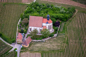 Aerial view of Churches building the chapel Wallfahrtskirche Maria in Weingarten in Volkach in the state Bavaria, Germany
