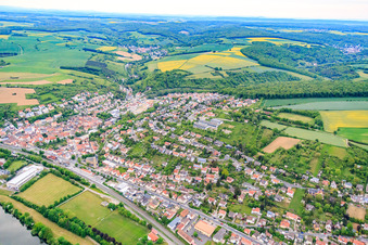 View of the town on the Main from the south in Schonungen in the state Bavaria, Germany
