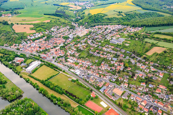 Aerial view of View of the town on the Main from the south in Schonungen in the state Bavaria, Germany