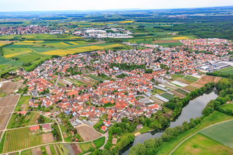 View of the bathing lake from the north in Sennfeld in the state Bavaria, Germany