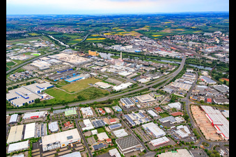Aerial view of Industrial area Hafen West with SKF GmbH Plant 3, ZF Friedrichshafen Plant South and GKS in Schweinfurt in the state Bavaria, Germany