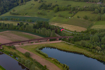 Aerial view of Railway bridge over the Weser in the district Meinbrexen in Lauenförde in the state Lower Saxony, Germany