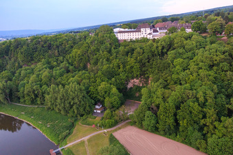 Aerial photograpy of FÜRSTENBERG CASTLE MUSEUM above the Weser in Fürstenberg in the state Lower Saxony, Germany