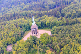 Hermann Monument in the district Hiddesen in Detmold in the state North Rhine-Westphalia, Germany seen from above