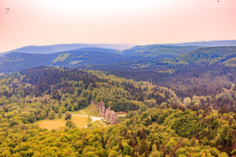Aerial view of Externsteine cult site from the Middle Ages with nature reserve in the district Holzhausen-Externsteine in Horn-Bad Meinberg in the state North Rhine-Westphalia, Germany