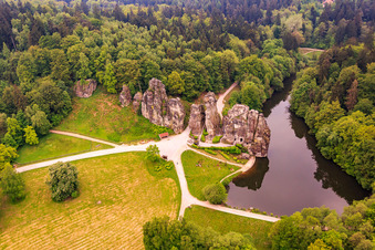 Externsteine cult site from the Middle Ages with nature reserve in the district Holzhausen-Externsteine in Horn-Bad Meinberg in the state North Rhine-Westphalia, Germany from above