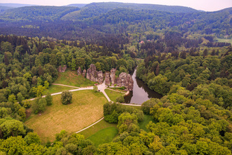 Externsteine cult site from the Middle Ages with nature reserve in the district Holzhausen-Externsteine in Horn-Bad Meinberg in the state North Rhine-Westphalia, Germany out of the air