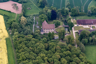Aerial view of Thienhausen moated castle in the district Rolfzen in Steinheim in the state North Rhine-Westphalia, Germany