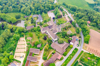 Aerial view of Abbey Church of St. James the Elder Marienmünster in the district Münsterbrock in Marienmünster in the state North Rhine-Westphalia, Germany