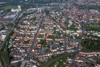 Aerial view of Street - road guidance Kaiserstrasse and Koenigstrasse in Hameln in the state Lower Saxony, Germany