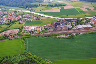 Aerial view of Wood processing on the banks of the Weser by proFagus GmbH in Bodenfelde in the state Lower Saxony, Germany