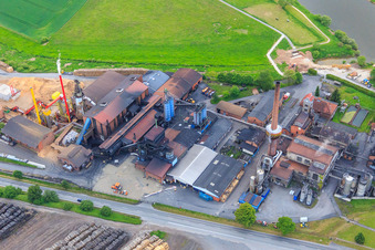 Aerial photograpy of Wood processing on the banks of the Weser by proFagus GmbH in Bodenfelde in the state Lower Saxony, Germany