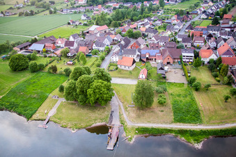 Aerial view of Ferry ship of the Weser ferry Wahmbeck in Wahmbeck in the state Lower Saxony, Germany