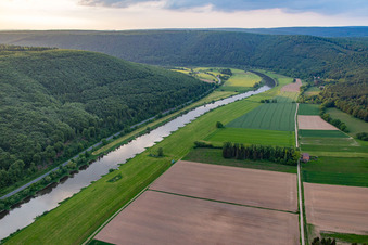 Aerial view of Course of the Weser between Hesse and Lower Saxony in the district Wahmbeck in Bodenfelde in the state Lower Saxony, Germany