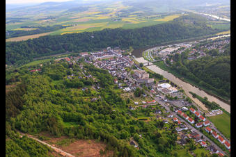 Aerial view of City view on the Weser from the northeast in Bad Karlshafen in the state Hesse, Germany