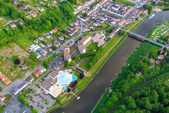 Aerial view of Weser-Therme and Carolinum Dr. Ebel Specialist Clinics in Bad Karlshafen in the state Hesse, Germany