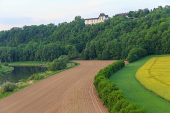 FÜRSTENBERG CASTLE MUSEUM above the Weser in Fürstenberg in the state Lower Saxony, Germany from above