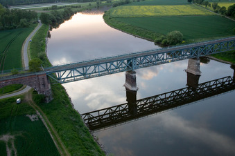 Aerial view of Kennedy bridge for the railway across the Weser in the district Wehrden in Beverungen in the state North Rhine-Westphalia, Germany