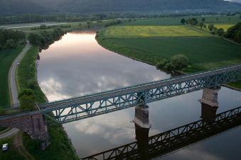 Aerial photograpy of Kennedy bridge for the railway across the Weser in the district Wehrden in Beverungen in the state North Rhine-Westphalia, Germany