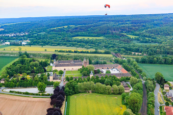 Aerial view of UNESCO World Heritage Site Corvey Castle on the Weser in Höxter in the state North Rhine-Westphalia, Germany