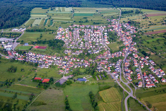 Aerial view of Village - view on the edge of agricultural fields and farmland in Voelkersbach in the state Baden-Wurttemberg, Germany