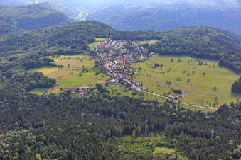 Aerial view of Village view in the Black Forest from the southwest in the district Dennach in Neuenbürg in the state Baden-Wuerttemberg, Germany