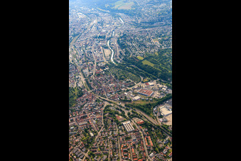 Aerial photograpy of City view from the west on the Enz in the district Brötzingen in Pforzheim in the state Baden-Wuerttemberg, Germany