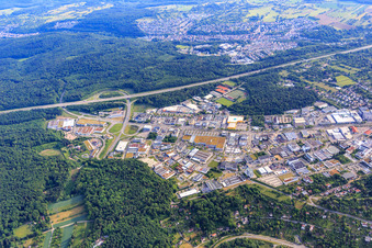 Karlsruher Straße industrial estate at the A8 Pforzheim-West motorway exit with KLEINER GmbH Stanztechnik, POCO Pforzheim and Fahrrad XXL Pforzheim in the district Brötzingen in Pforzheim in the state Baden-Wuerttemberg, Germany