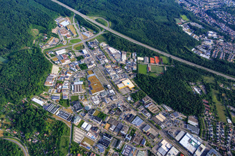 Aerial view of Karlsruher Straße industrial estate at the A8 Pforzheim-West motorway exit with Mapal WWS GmbH and KLEINER GmbH Stanztechnik in the district Brötzingen in Pforzheim in the state Baden-Wuerttemberg, Germany