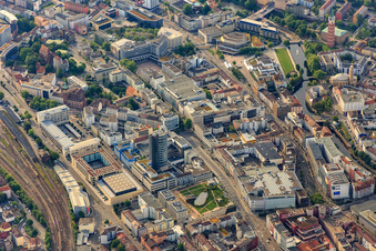 Schlössle Gallery with Sparkasse Pforzheim Calw and Town Hall Pforzheim in the district Innenstadt in Pforzheim in the state Baden-Wuerttemberg, Germany