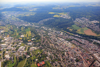 Aerial view of Industrial area between Redtenbacherstraße and Eutinger Straße (B10) in the district Nordstadt in Pforzheim in the state Baden-Wuerttemberg, Germany