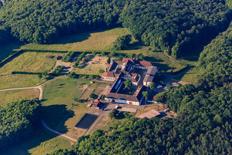 Horse boarding at the Liebfrauenberg Monastery in Bad Bergzabern in the state Rhineland-Palatinate, Germany from above