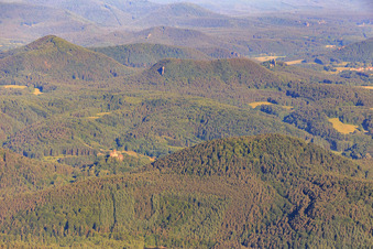 Aerial view of Berwartstein Castle behind the Schniddelfels in Erlenbach bei Dahn in the state Rhineland-Palatinate, Germany