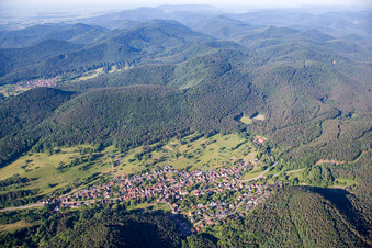 Aerial view of Town View of the streets and houses of the residential areas in Birkenhoerdt in the state Rhineland-Palatinate