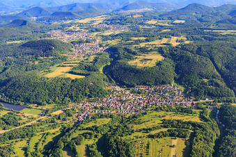 View of the village at Klingbach in the Palatinate Forest from the south in Silz in the state Rhineland-Palatinate, Germany