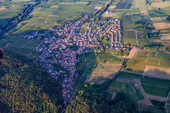 Aerial view of Wine-growing town on the edge of the Haardt from the west in Oberotterbach in the state Rhineland-Palatinate, Germany