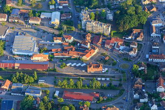 Train station and Landauer Straße from the north in Bad Bergzabern in the state Rhineland-Palatinate, Germany