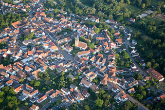 Aerial view of Town View of the streets and houses of the residential areas in Billigheim-Ingenheim in the state Rhineland-Palatinate