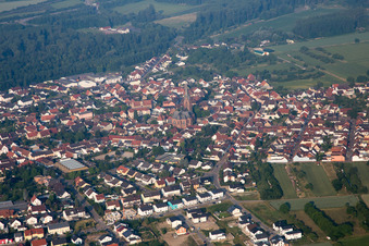 Aerial view of From the northeast in the district Rheinsheim in Philippsburg in the state Baden-Wuerttemberg, Germany