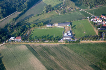 Aerial view of TuS 1914 eV sports field in the district Mechtersheim in Römerberg in the state Rhineland-Palatinate, Germany