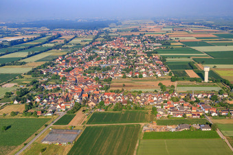 View of the town from the east with the water tower in the district Niederlustadt in Lustadt in the state Rhineland-Palatinate, Germany