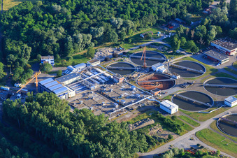 Aerial photograpy of Sewage treatment plant Karlsruhe in the district Knielingen in Karlsruhe in the state Baden-Wuerttemberg, Germany