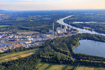 Oblique view of EnBW Energie Baden-Württemberg AG, Rhine Harbor Steam Power Plant Karlsruhe in the district Daxlanden in Karlsruhe in the state Baden-Wuerttemberg, Germany