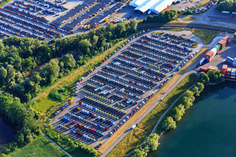 Aerial view of Warehouse for Daimler trucks at Hafenstr in the district Maximiliansau in Wörth am Rhein in the state Rhineland-Palatinate, Germany