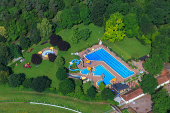 Aerial view of Herxheim forest outdoor pool in Herxheim bei Landau in the state Rhineland-Palatinate, Germany